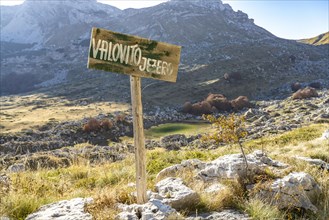 Sign at the mountain lake Valovito Jezero