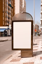 Blank advertising stand near street city