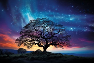 A magical image of a tree against a colourful