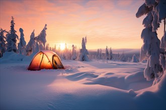 A yellow tent lit from the inside in vast arctic wilderness in winter