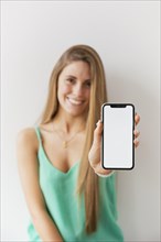 Front view women holding phone