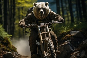 A brown bear riding a mountain bike on a mountain trail in the forest