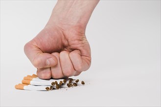 Person fist crushing cigarettes isolated white background