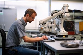 Man controls a robotic arm in a research lab with notebook