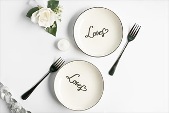 Top view wedding plates with white background