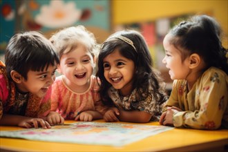 Children of different ethnic groups playing happily in the kindergarten with kindergarten aunt