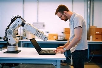 Man controls a robotic arm in a research lab with notebook