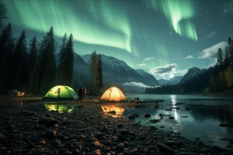 Two tents lit from the inside in the vast Canadian wilderness by a lake