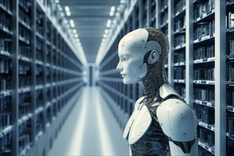An AI robot works in a gigantic archive