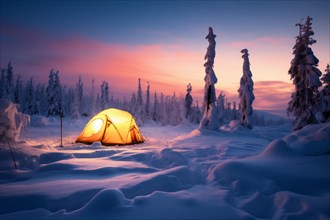 A tent lit from the inside in a vast arctic wilderness in winter