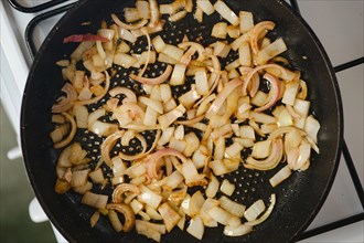 Frying shallots onion in a pan on a gas stove