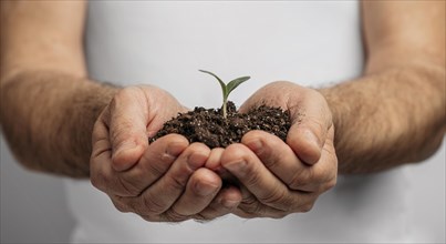 Front view male hands holding soil plant