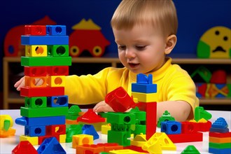 Happy boy playing with building blocks in kindergarten