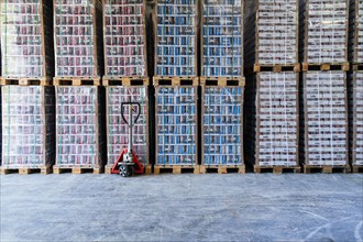 High-bay warehouse with canned goods stacked on pallets