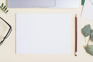 Blank white paper pencil eyeglasses leaves laptop beige backdrop