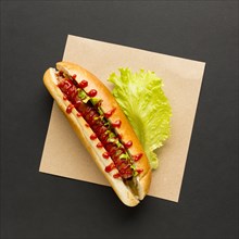 Hot dog with lettuce top view