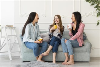 Women sitting sofa chatting holding cups hand
