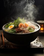 Steaming ramen soup bowl