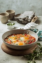 Tasty egg meal pan high angle