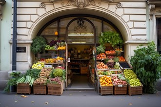 A rustic fruit and vegetable shop with various crates of fruit and vegetables in front of the door