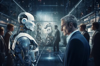 CEO of a company talking to AI robots