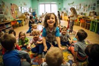Happy playing children in kindergarten