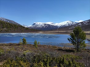 Snow-capped mountains and lake in Jotunheimen National Park