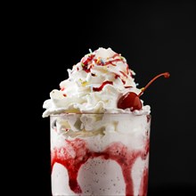 Delicious strawberry milkshake beverage front view