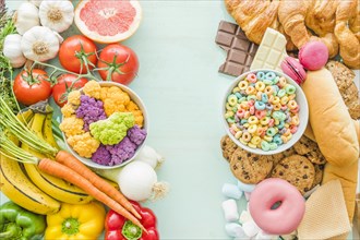 Overhead view unhealthy healthy food background