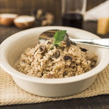 Delicious mushroom risotto white bowl with spoon