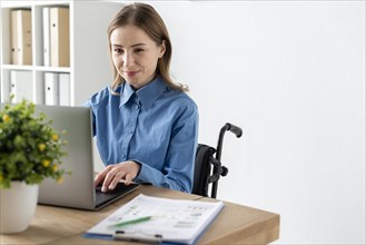 Portrait cute adult woman working laptop