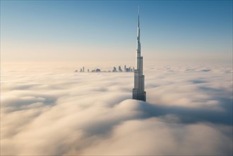 Burj Khalifa building in Dubai above the sea of clouds at sunrise