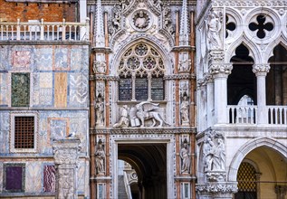 Close view of Porta della Carta or ceremonial entrance of Doge's palace in Venice