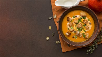 Flat lay winter squash soup bowl with copy space