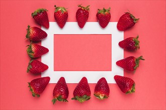 Ripe juicy strawberries lined up white frame pink background