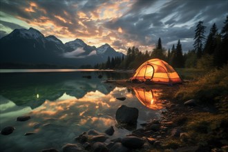 Yellow tent lit from inside in vast Canadian wilderness by a lake
