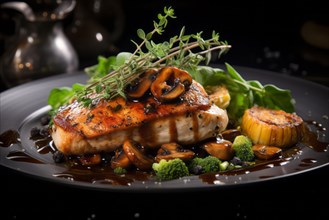 Plate of nicely decorated grilled chicken fillet with vegetables Chicken