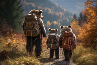 Brown bear family with backpack on back hiking in the mountains