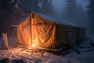 A tent lit from the outside in arctic wilderness in winter