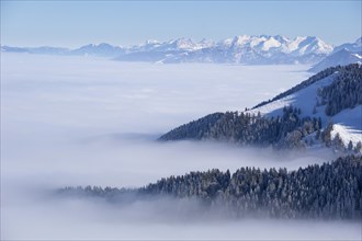 View from Sudelfeld over the sea of fog towards the Berchtesgaden Alps in winter