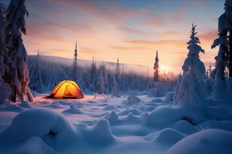 A tent lit from the inside in a vast arctic wilderness in winter