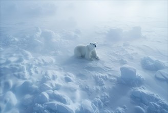 A polar bear in the Arctic on the frozen polar sea in winter landscape between ice and snow