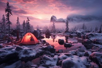 A red tent lit from inside in wide Canadian wilderness in winter at a lake