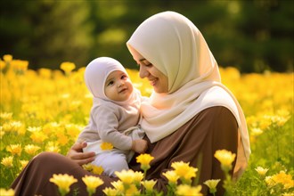 Muslim mother hijab with little daughter lovingly in a meadow in the sun
