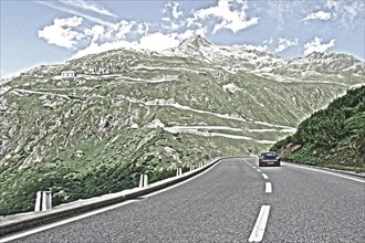 Photo with reduced dynamics saturation HDR of mountain pass alpine mountain road alpine road pass road pass view from Furka road to Furka pass in the background serpentines above tree line