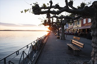 Sunset on the lakeside promenade in Meersburg on Lake Constance