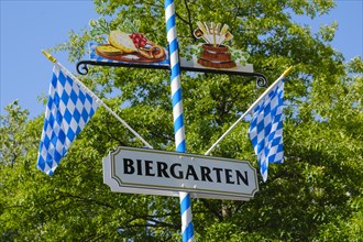 Sign beer garden with flags of Bavaria