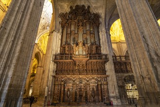 Church organ in the interior of the Cathedral of Santa Maria de la Sede in Seville