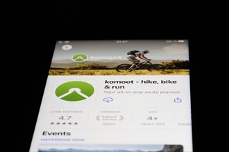 Detailed view of a smartphone with komoot Maps and route planner for hiking App in the iPhone App Store