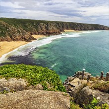 View from Minack Theatre of rocky coast with Pedn Vounder Beach and Porthcurno Beach